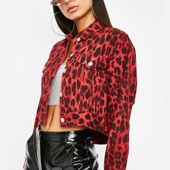 Red leopard cropped jacket size s small red & black denim cheetah print crop - Picture 5 of 5